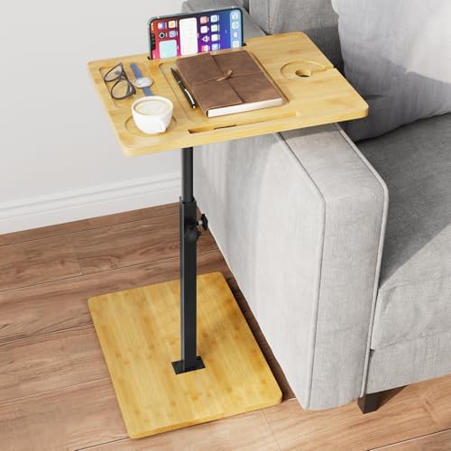 XNSDXV Bamboo C Table End Table Adjustable Height, 360°Swivel TV Tray for Couch, Snack Side Tables with Phone ＆ Tablet Slot, C Shaped Couch Table for Small Place\/Bathtub\/Recliner\/Bed\/Sofa (Natrual