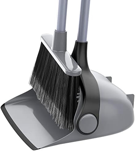 MR.SIGA Broom and Dustpan Set with Adjustable Long Handle, Upright Combo for Floor, Cleaning Lobby, Gray