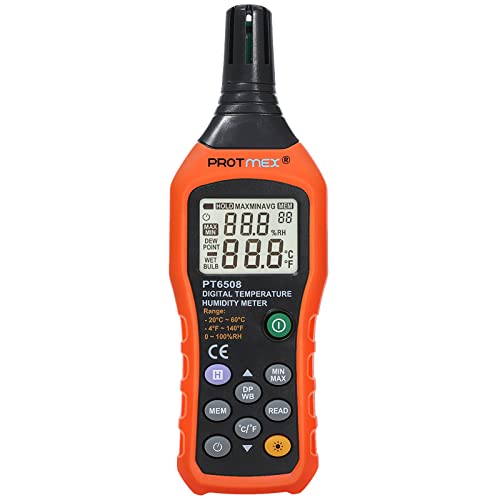 Protmex PT6508 Temperature Humidity Meter, Digital Thermometer Hygrometer Monitor with Ambient, Dew Point, Wet Bulb for Indoor\/Outdoor MIN, MAX, Data Hold, LCD Backlight