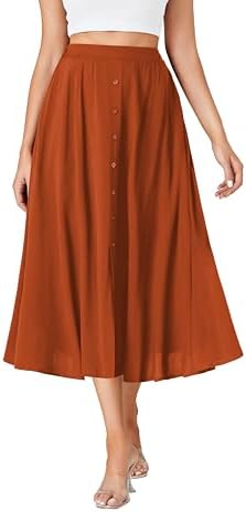 LYANER Women&#39;s High Elastic Waist Pleated Flare A Line Midi Skirt with Pockets