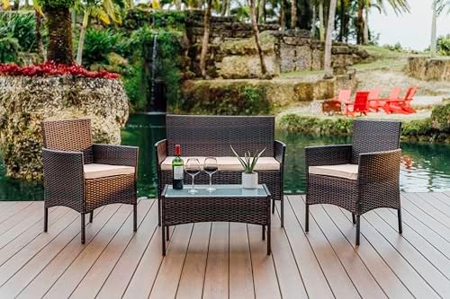 Nestl Wicker Patio Furniture - 4 Piece Set with 2 Chairs, Loveseat, Glass Top Coffee Table, Outdoor Furniture for Backyard, Pool or Porch (Brown\/Beige)