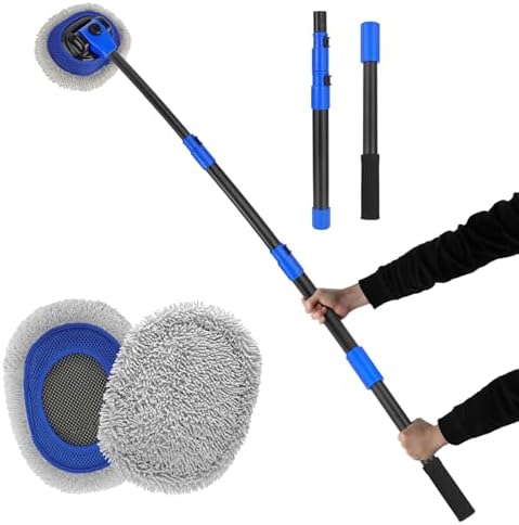 15° Bend Labor-saving Car Wash Brush with Telescopic Handle 56.7&#34; Chenille Microfiber Soft Car Wash Mop Long Handle Car Cleaning Brush Kit with Extension Pole &amp; Replacement Head for Clean Car 