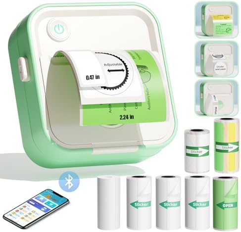 Label Maker Machine, HD Mini Sticker Printer with 7 Rolls Paper, Portable Thermal Print Pod Supports 12-57mm Papers, Bluetooth Pocket Printer for Home, Kitchen, School, Compatible Phone&amp;Tablet (Gr