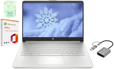 HP 14&#34; LED Business Laptop Computer, 16GB RAM 320GB Storage (64GB eMMC+256GB SD Card), Intel Quad-Core N4120, Windows 11 S Laptop with 1-Year Microsoft Office 365, PLUSERA Earphones, Silver