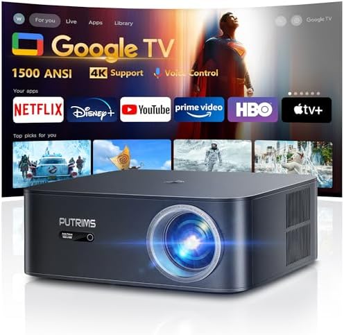 [1500 ANSI\/Google TV\/Voice Control]Smart Projector with WiFi 6 and Bluetooth, Netflix-Licensed 4K Support, Outdoor Movie Proyector, 1080P Home Ceiling Auto Focus Projector, PUTRIMS K12 Gray