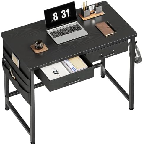 Ｍａｉｈａｉｌ Maihail Small Desk with Drawers, 31.5 inch Computer Desk with Drawers, Small Office Table with Metal Frame, Black