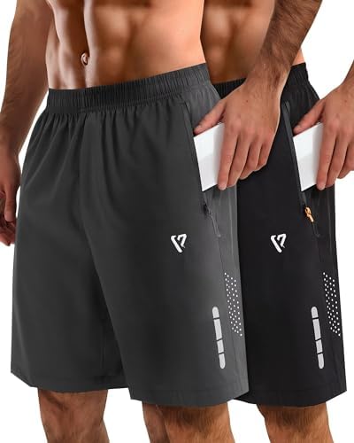 FIONECA 2 Pack Mens Athletic Shorts Quick Dry 7 Inch Running Shorts Breathable Mesh Gym Workout Shorts with Zipper Pockets