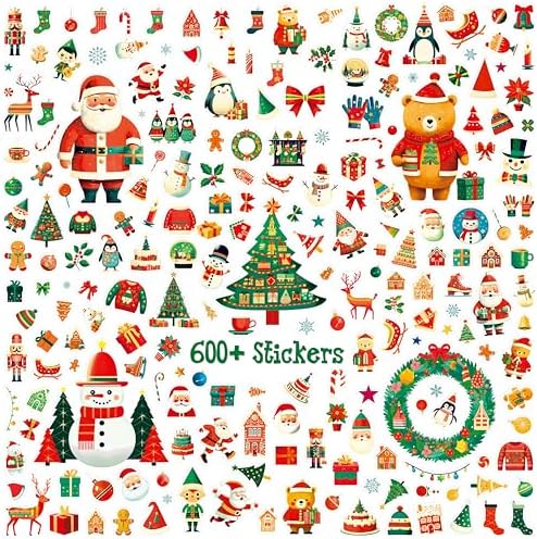 600+ PCS Christmas Stickers, 200 Unique Designs Cute Santa Claus\/Tree Self-Adhesive Merry Decoration for Kids Funny Holiday Favors Envelopes Gifts Tags Crafts (15 Sheets)