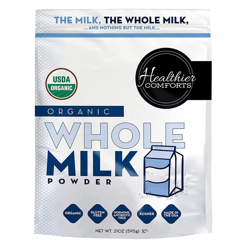 Healthier Comforts Organic Whole Milk Powder  Certified USDA Organic  Kosher, Gluten Free, Non-GMO Dry Powder Whole Milk  Dried Milk w\/Resealable Packaging, Shelf Stable Milk 21oz