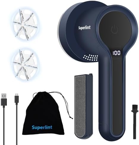 SUPER LINT Electric Fabric Shaver, Sweater Shaver with LED Display, 6-Leaf Blades, Clothes Brush, 3-Speeds for Removing Fuzz and Pill Form Clothing, Couch, Furniture, Navy Blue