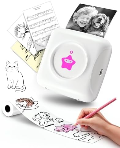 vretti Mini Pocket Printer - Portable Thermal Printer with 1 Roll Sticker Paper, Bluetooth Mini Printer for iPhone &amp; Android, TP2-Y Inkless Sticker Maker for Notes, Photos, Labels, DIY