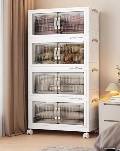 BROVIEW 180Qt Stackable Storage Bins with Lid, Extra Large Closet Organizer Collapsible Drawer Boxes with Wheels, Folding Plastic Cabinet Containers for Home Kitchen Room Organization, 4Pack White