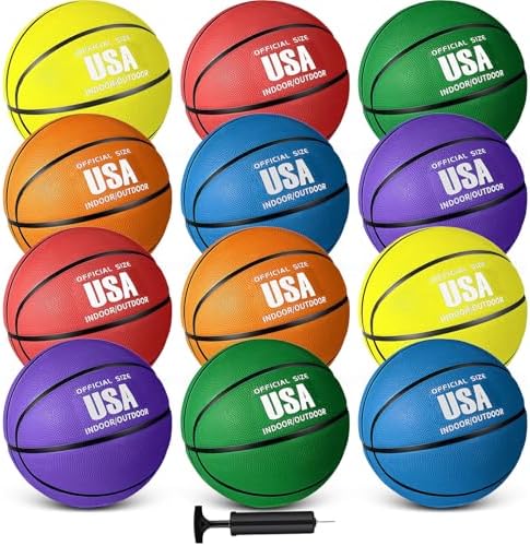 Libima 12 Pcs Rubber Basketballs Bulk with Pump Official Size Multicolor Basket Balls Streetballs Set for Kids Youth Adult Sports Gifts Indoor Outdoor Training Games Back to School