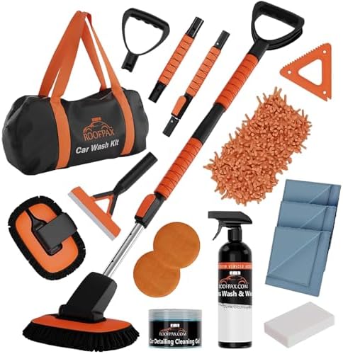 RoofPax Premium Car Wash Detailing Kit with 48.8&#34; Extendable Telescoping Handle Chenille Microfiber Car Brush Wash Mop Mitt Scratch-Free Duster Exterior Magic Sponge &amp; Cleaning Kit for All Veh