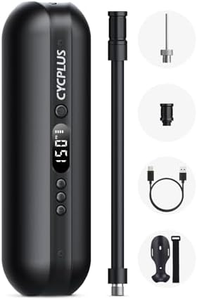 CYCPLUS Electric Air Compressor Portable Bicycle Pump Car Tire Inflator, Max 150 PSI, Auto Shut-Off Air Pump with Presta and Schrader Valves for All Bicycles Motorcycles and Cars