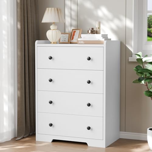 Furnulem 4-Drawer Dresser for Bedroom - White Wood Chest of Drawers Closet Storage Cabinet Organizer for Bedroom, Living Room, Hallway &amp; Office