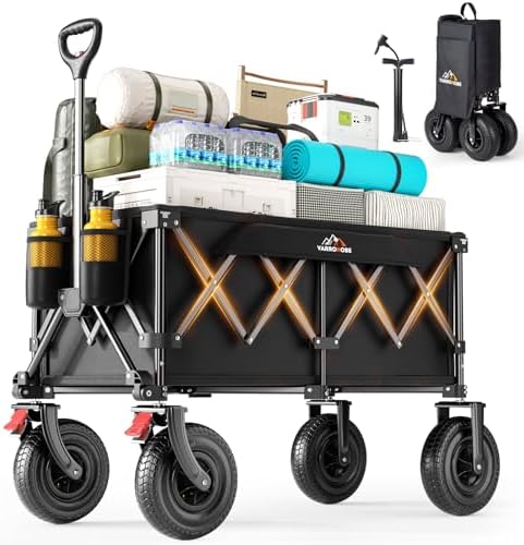 Beach Wagon with 9x3.5&#34; Big Rubber Wheels for Sand, 350lbs Heavy Duty 200L Collapsible Utility Wagon, Easy Transport &amp; Storage, Ideal for Sport, Camping, All-Terrain Outdoor Activities, Black