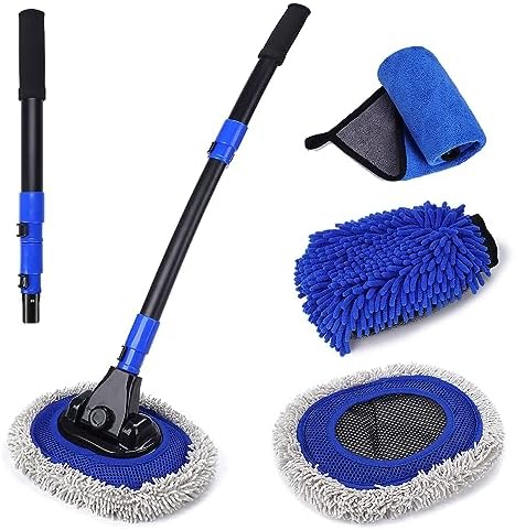 Ultimate car wash brush with long handle, 15 degree curved rod design, ultra-fine fiber brush head adjustable length, suitable for cars, RVs, trucks, pickups, car wash kits (blue)