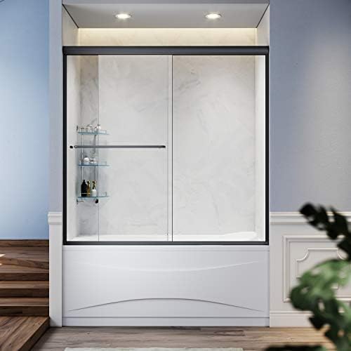 SUNNY SHOWER Bathtub Shower Door Glass Sliding Tub Door Semi-Frameless 1\/4&#34; Clear Glass Shower Enclosure Doors for Bathroom, Black Finish 58.5-60 in.W x 62 in.H