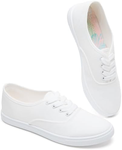 Womens Classic White Sneakers,Low Top White Canvas Shoes,Lightweight Casual Canvas Sneakers