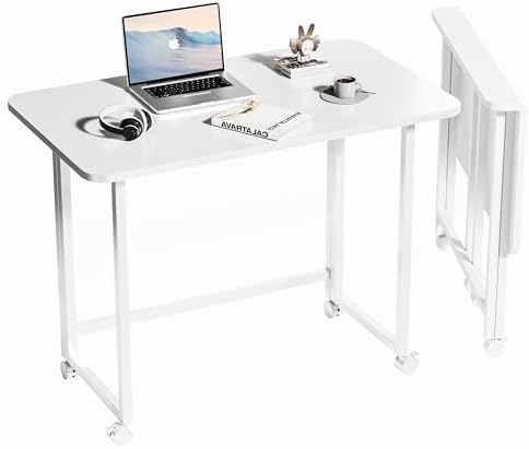 Serxis Folding Desk,Not Require Assembly,Small Foldable Desk 31.5&#34; for Small Spaces,Space Saving Computer Table Writing Workstation for Home Office,White