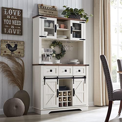 OKD 72&#34; Farmhosue Bar Cabinet with Sliding Barn Door, Large Kitchen Buffet with Hutch w\/Wine &amp; Glasses Rack, 3 Drawers, 12 Storage Shelves, Rustic Coffee Bar Sideboard Table, Antique White