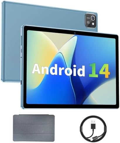 Tablet 10 inch Android 14 Tablets, 6GB RAM 64GB ROM 1TB Expand, Quad-Core Processor, 1280x800 LCD Touch Screen, WiFi 5, Dual Camera, BT5.0, 6000mAh Battery (Blue)