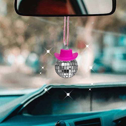 SPANSEE Pink Disco Ball Car Ornament, Mirror Ornament, Cowboy Hat Accessory, Cute Disco Ball Charm Accessories