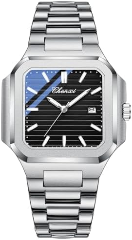 BESTKANG Men&#39;s Classic Square Watch - Silver Stainless Steel Analog Quartz Dress Watch with Luminous Hands, Date Calendar, 30M Water Resistant for Business Casual