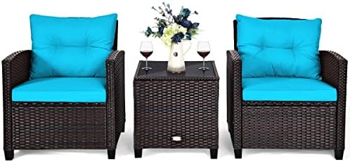 AUGESTER 3 PCS Patio Furniture Set, Outdoor PE Rattan Wicker Conversation Sofa Set w\/Washable Cushion and Tempered Glass Tabletop, All Weather Chat Sofa for Garden Poolside Balcony Porch (Turquoise)