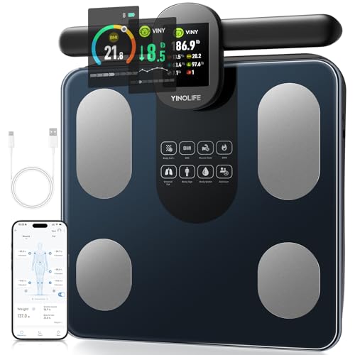 YINOLIFE Smart Scale with BMI, Body Fat, Muscle Mass, 8 Electrode Weight Scale with 28 Full Body Composition, Scale for Body Weight with Retractable Handle, Large Color Display, 14&#34;, Rechargeable