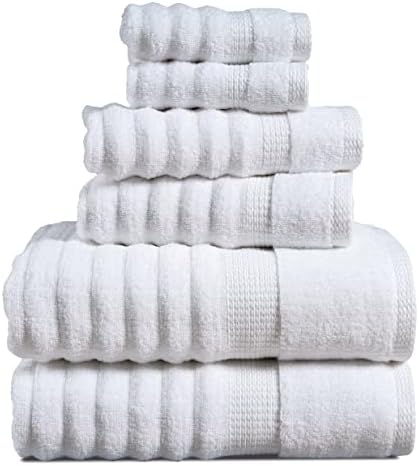 LANE LINEN White Bath Towels Set of 6-100% Cotton Towels for Bathroom, Hotel &amp; Spa - Zero Twist, Premium Quality, Soft, Absorbent, Ribbed Bathroom Towel Set - Includes 2 Bath, 2 Hand &amp; 2 Washc
