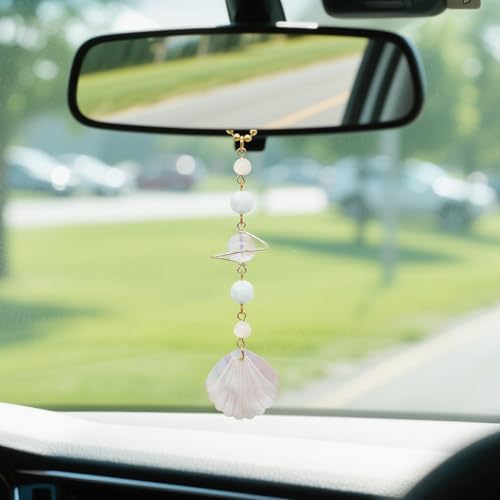 CASONA Beach Car Charm,Seashell Rear View Mirror Decor,Ocean Themed Hanging Accessories,Handmade Aurora Planet Crystal Beads Natural Car Ornament