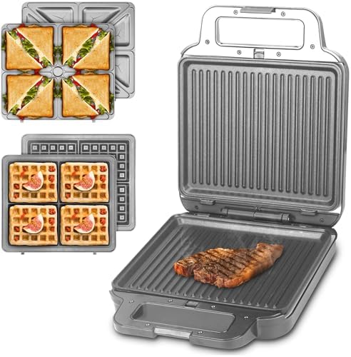 FineMade Panini Grill Press Breakfast Sandwich Maker 3 in 1, Electric Griddle Panini Press, Grilled Cheese Maker, Sandwichera Electrica, Belgian Waffle Maker with Removable Plates
