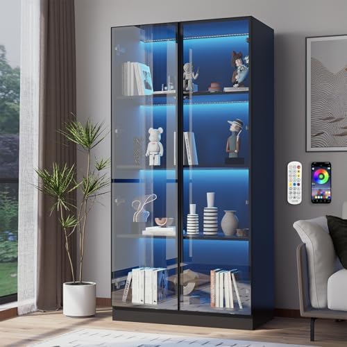 ZORPLIX Glass Display Cabinet with LED Lights, Glass Display Case Bookcase with 4-Tier Shelves, Curio Cabinet with 2 Glass Doors, Storage Cabinet for Collectibles, Living Room
