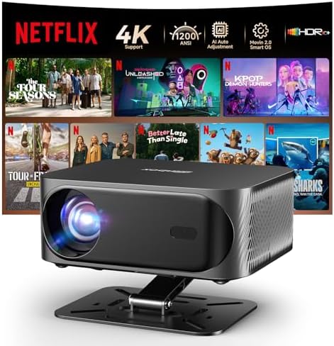 [AI Movin 2.0 \/1200 ANSI\/Auto Focus &amp; Keystone] 4k outdoor projector with wifi and bluetooth, Smart portable proyector with Built in Apps Netflix\/YouTube\/PrimeVideo &amp; Dolby, home theater w