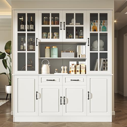 MU Kitchen Storage Cabinet with Glass Doors, Large China Hutch with 2 Drawers &amp; 5 Adjustable Shelves, Kitchen Pantry Hutch for Home Office, Living Room, White (15.8&#34; D x 63&#34; W x 70.9H)