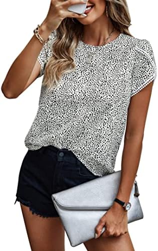 PRETTYGARDEN Women&#39;s Shirts Summer Casual Crewneck Lace Crochet Short Sleeve Blouses Cute Floral Print Loose Tunic Tops