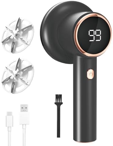 Fabric Shaver Lint Remover for Clothes with 2 Speeds, Digital Display, 6 Leaf Blades, USB Rechargeable Sweater Defuzzer to Remove Pilling Fuzz Ball for Furniture, Couch, Coat. (Black)