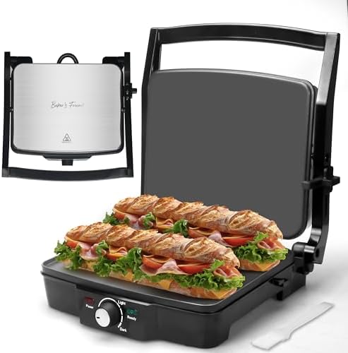 Baker&#39;s Friend Panini Press Electric Griddle, Panini Grill Press Sandwich Maker Press, Grilled Cheese Maker, Sandwichera Electrical, Browning Control, Non Stick Surfaces, 4-Slices, Stainless Steel