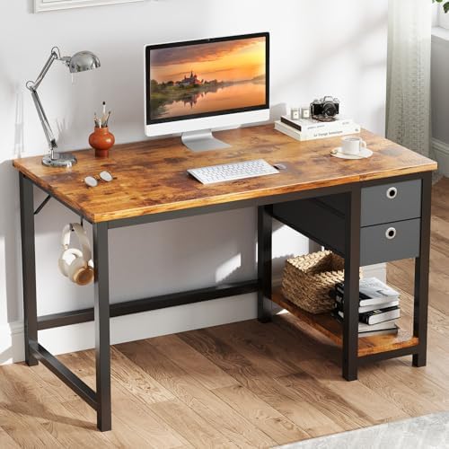 SMUG Computer Desk with Storage Drawers, Small Office Desk Modern Simple Study Writing Table for Home Bedroom, Spacious 40X24 Desktop with 2-Tier Drawer, Rust