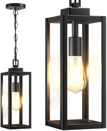 15&#39;&#39; Large Motion Sensor Outdoor Pendant Lights, Dusk to Dawn Modern Outside Chandelier Outdoor Hanging Lantern with Clear Glass, Exterior Pendant Lighting Fixture for Porch, Yard, Black, 1Pac