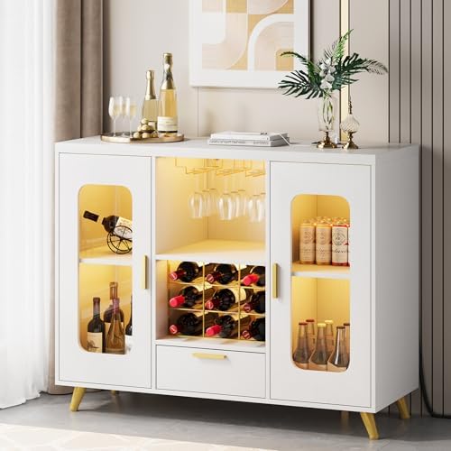 Condemo Wine Bar Cabinet with LED Light, Modern Coffee Bar Cabinet with Power Outlet, Liquor Cabinet with Wine Rack Glasses Holder, Sideboard Buffet Cabinet for Dining Room Living Room Kitchen, White