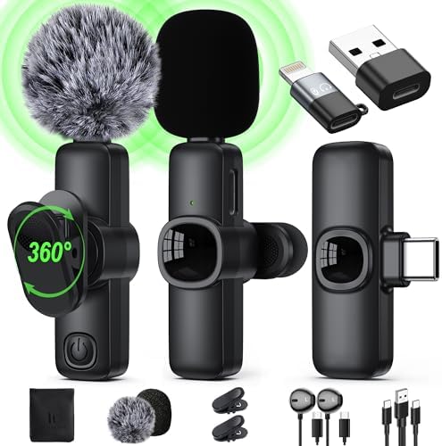 Wireless Lavalier Microphone for iPhone\/Android Phone\/Laptop\/PC, IUMAKEVP 360° Adjustable Clip on Microphone with 100FT Transmission Distance and Noise Cancellation for Vlog, Interview, TikTok (2 M