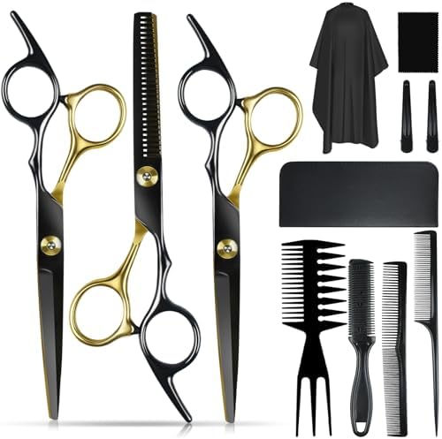 Niura 12 PCS Hair Cutting Scissors Set - Professional Barbers &amp; Salon Kit: Cutting &amp; Thinning Scissors, Comb, Cape, Clips for Men, Women, Kids &amp; Pet