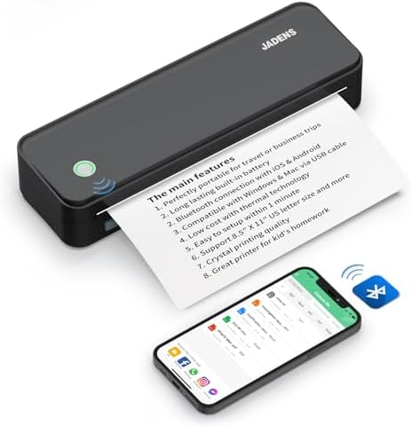 JADENS Bluetooth Thermal Printer, Support 8.5&#34; X 11&#34; US Letter, Portable Printers Wireless for Travel, Inkless Printer Compatible with iOS, Android, Mobile Printer for Home, Office, School