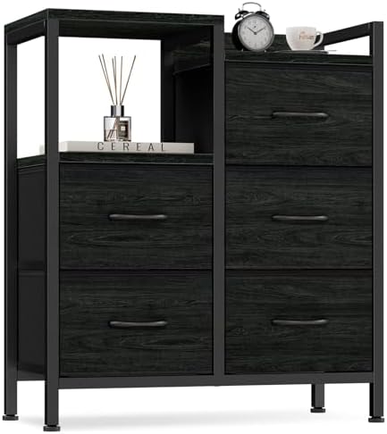 Furnulem 5 Drawer Black Dressers for Bedroom 2 Tier Shelf Storage Small Fabric Dresser for Closet Sturdy Metal Frame Modern Style Storage Cabinets Organization Units for Hallway Rooms