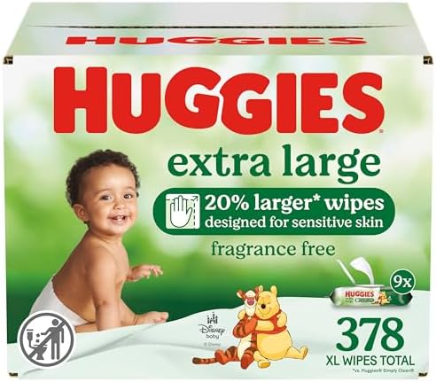 Huggies Extra Large Baby Wipes, Unscented, 9 Flip-Top Packs, 378 XL Wipes Total, Packaging May Vary