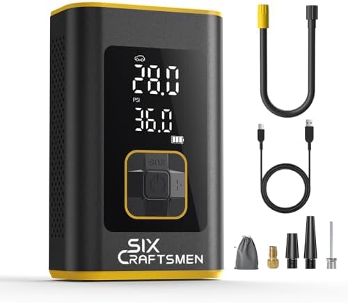 Six Craftsmen Tire Inflator Portable Air Compressor, Powerful 150PSI\u0026amp; 4000mAh cordless mini bicycle air pump suitable for car, bicycle, and motorcycle tires and balls