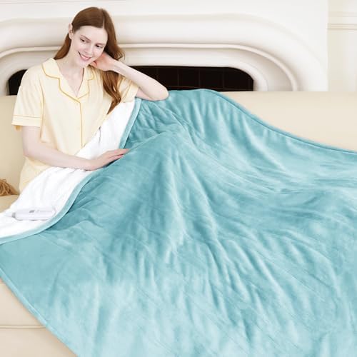 VELLUBAM electric blanket cover 7cm x 5.4cm, soft flannel lamb wool with 5 heating levels and 4-hour automatic shut-off, heating ring blanket as a grandmother's gift, machine washable (blue)